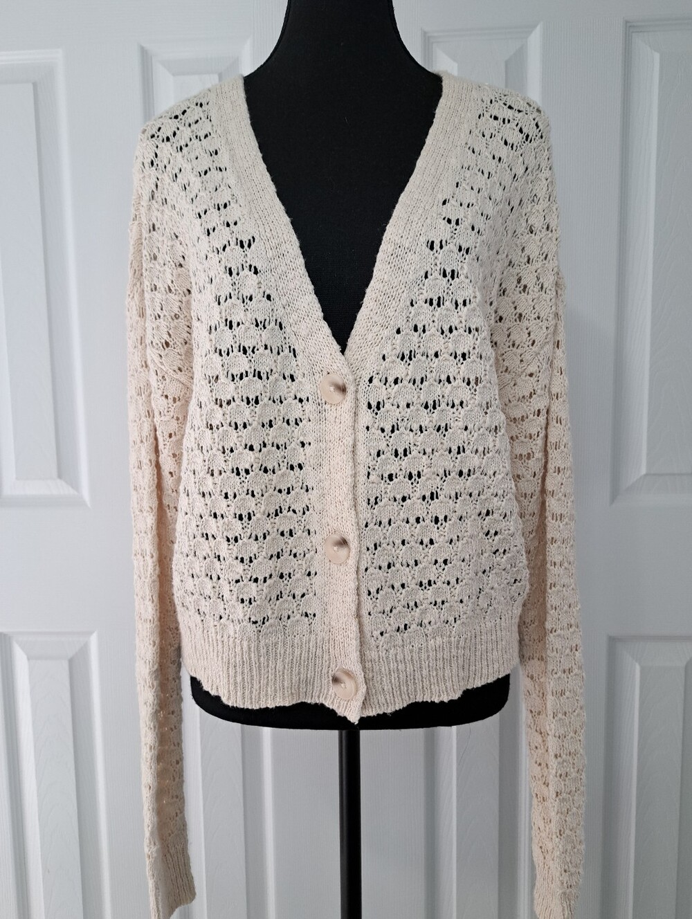 Moon & Madison 100% Cotton Open Knit Cardigan Sweater Large Cream Cottagecore